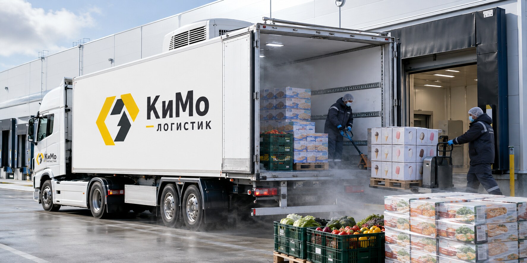 Загрузка замороженных продуктов, овощей и мороженого в белый рефрижератор
